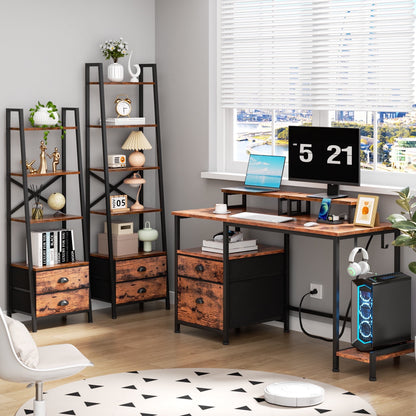 Hexmn Office Desk with Movable Monitor Stands,Gaming Desk with Storage Shelves and File Cabinet, Rustic Brown