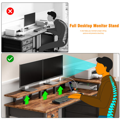 Satifur Computer Desk with 4 Drawers, 60 Inch Reversible Desk with Led Lights & Power Outlet, Home Office Desk with File Drawer & Monitor Stand, Rustic Brown