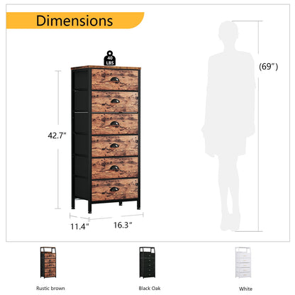 Tydimor 6 Drawer Dresser,Chest of Drawers for Bedroom Tall Fabric Dresser,Rustic Brown