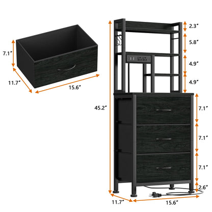 Satifur Tall Nightstand with Charging Station and LED Lights, Bedside Table with Drawers and Bookshelf, Black