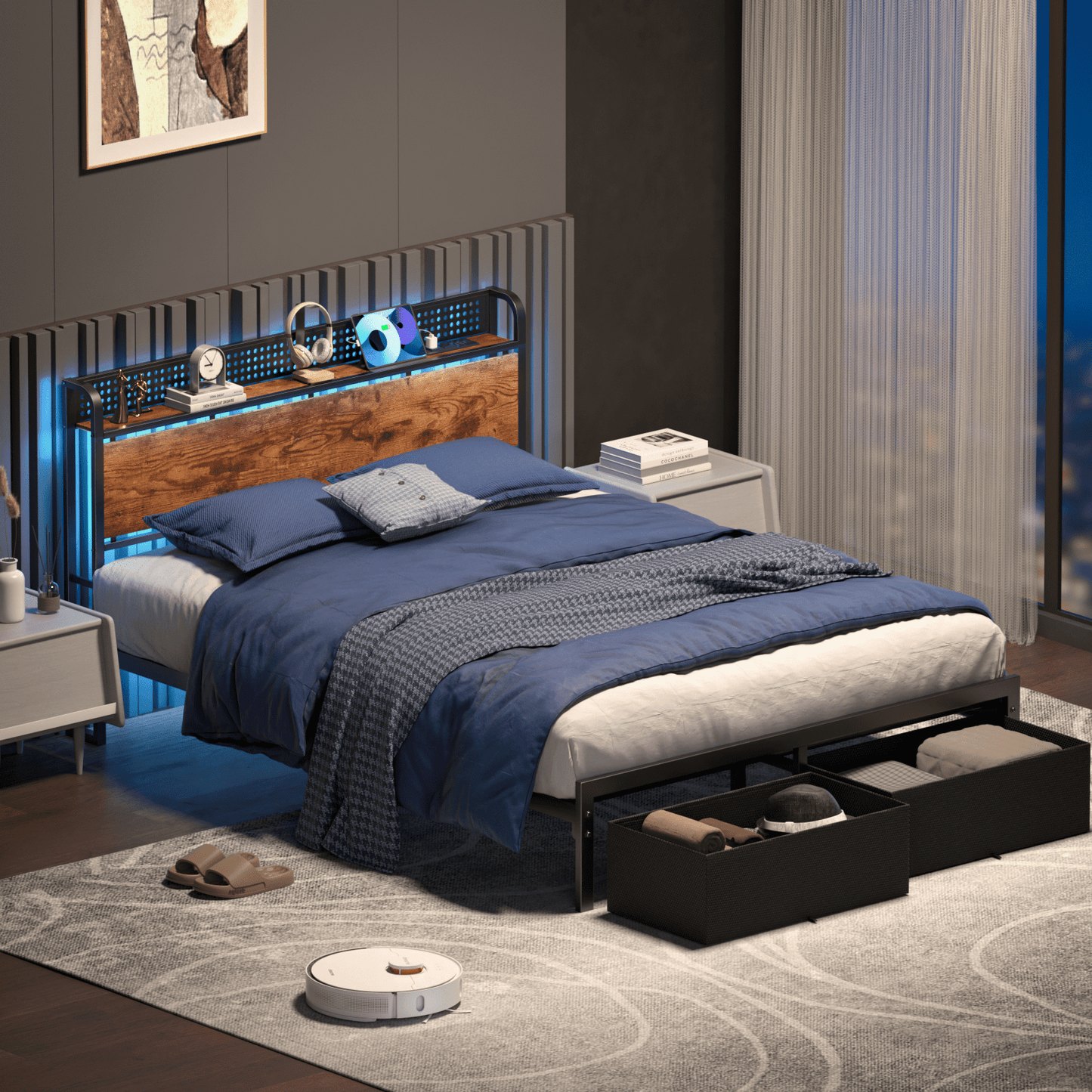Tydimor Queen Bed Frame with 2 Drawers & Storage Headboard, Platform Metal Bed with Charging Station, No Box Spring Needed