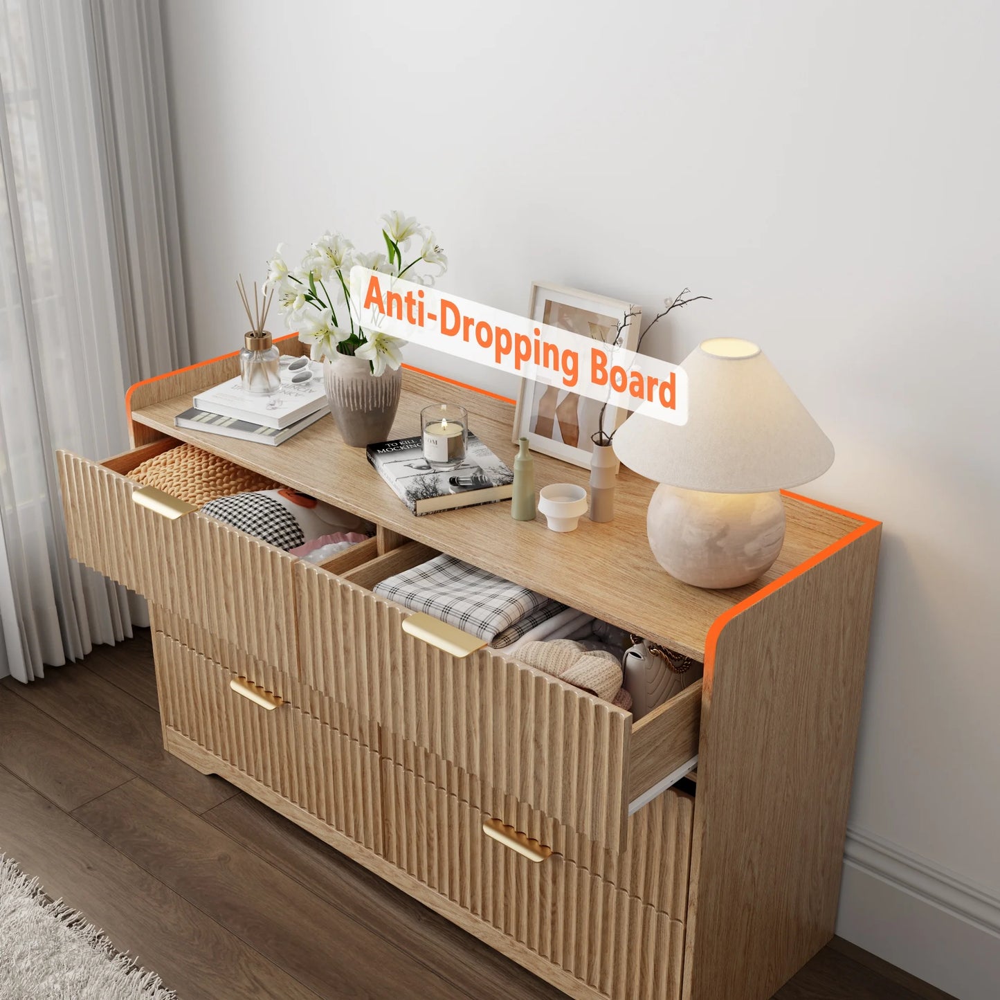 Tydimor Dressers for Bedroom 6 Drawers, Wide Chest of Drawers Storage Organizer, Wooden Cabinet with Anti-Tip Safety for Living Room, Hallway