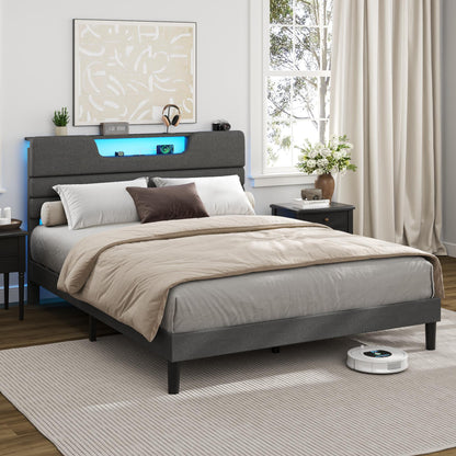 Tydimor Dark Gray Bed Frame with Charge Station, Queen Size Bed Frame with LED Lights & Upholstered Headboard, No Box Spring Needed, Linen Fabric