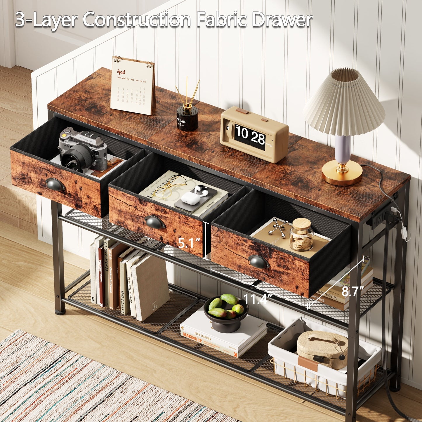 Satifur 38 inch Entryway Table with Power Outlets and Light, Console Table with 3 Fabric Drawers, Hallway Table, Rustic Brown