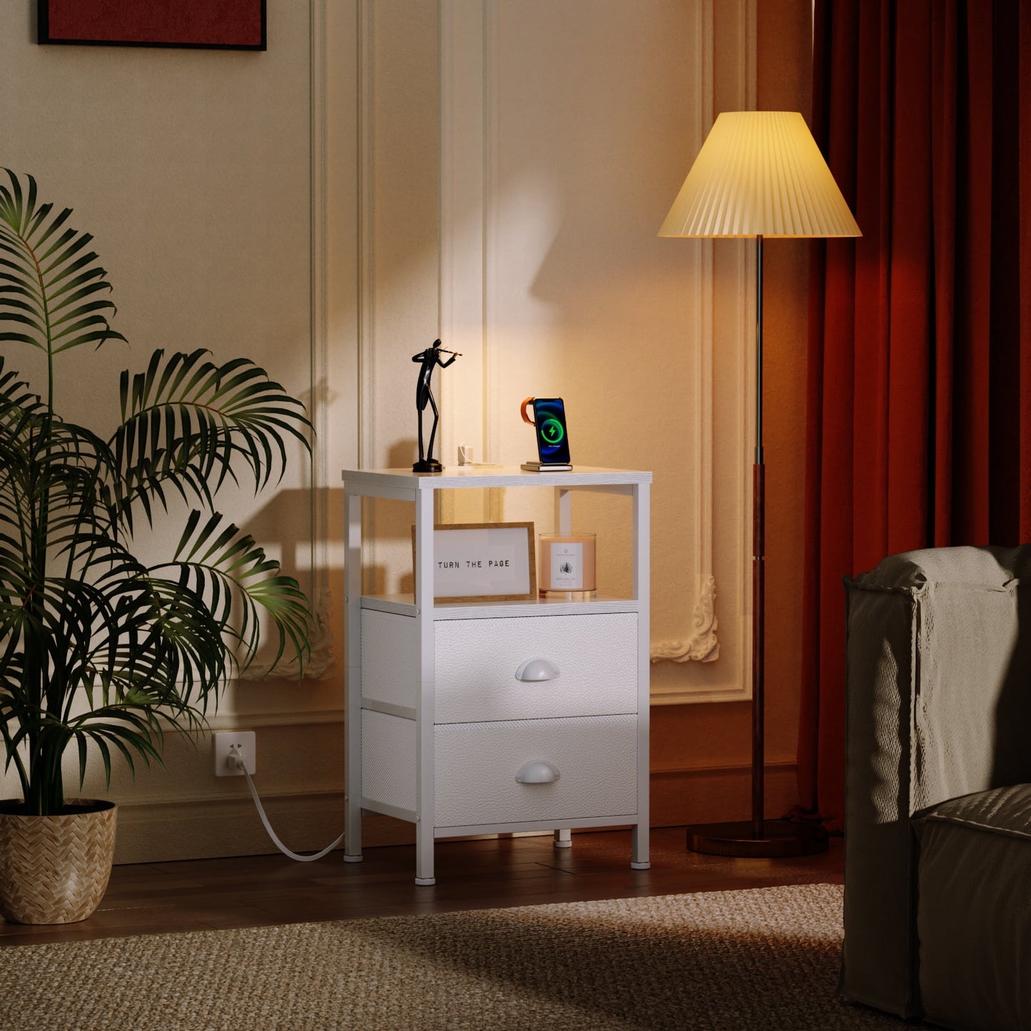 Satifur Bedside Table with Charging Station,LED Nightstand with 2 Fabric Drawers,White