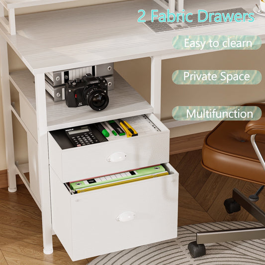 Hexmn Computer Desk, Adult Lap Desks, with Fabric Drawers, File Cabinet, Monitor Stands, 18.9 x 66.14 in, White