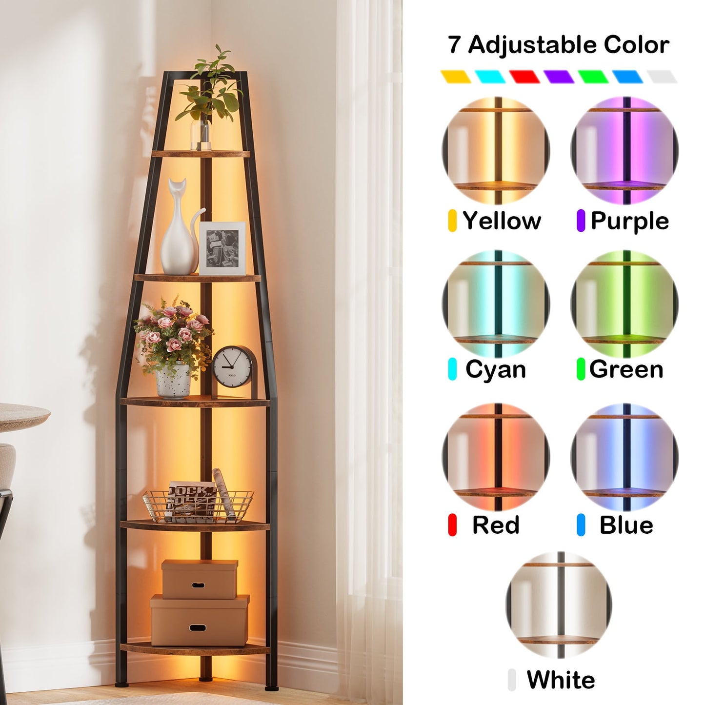 Satifur Corner Shelf Space Saving Freestanding Bookcase with LED Light Strip, Corner Bookshelg for Living Room Bedroom, Rustic Brown