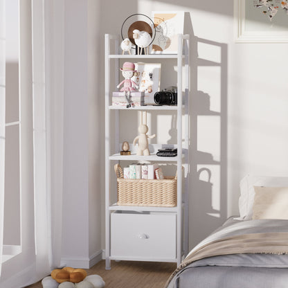 Satifur 5 Tier Ladder Bookcase with Removable Drawer Tall Standing Bookshelf,White