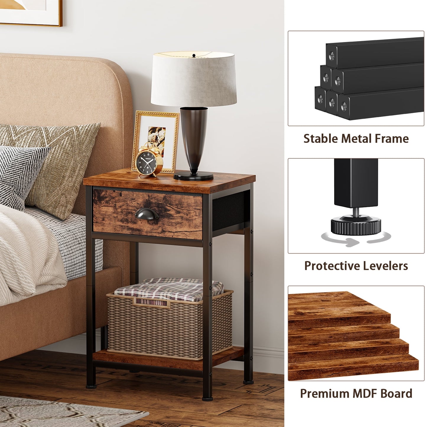 Satifur Set of 2 Nightstand for Bedroom,3-Tier End Table with Drawer,Rustic Brown