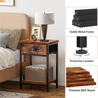 Satifur Set of 2 Nightstand for Bedroom,3-Tier End Table with Drawer,Rustic Brown