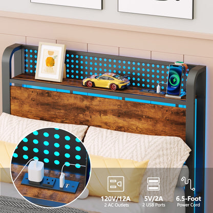 Hexmn Twin RGB LED Strip Platforrm Bed Frames with Headboard Metal, Storage Shelves & Underbed, Niose Free, No Box Spring Needed