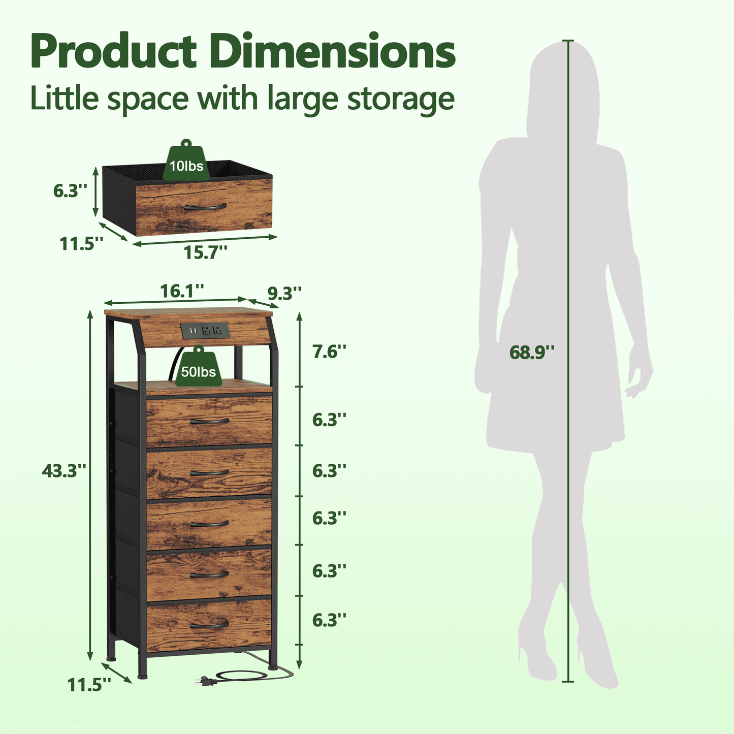 TYDIMOR Tall Dresser for Bedroom, 5 Drawer with Charging Station, Brown, Ideal for Adults