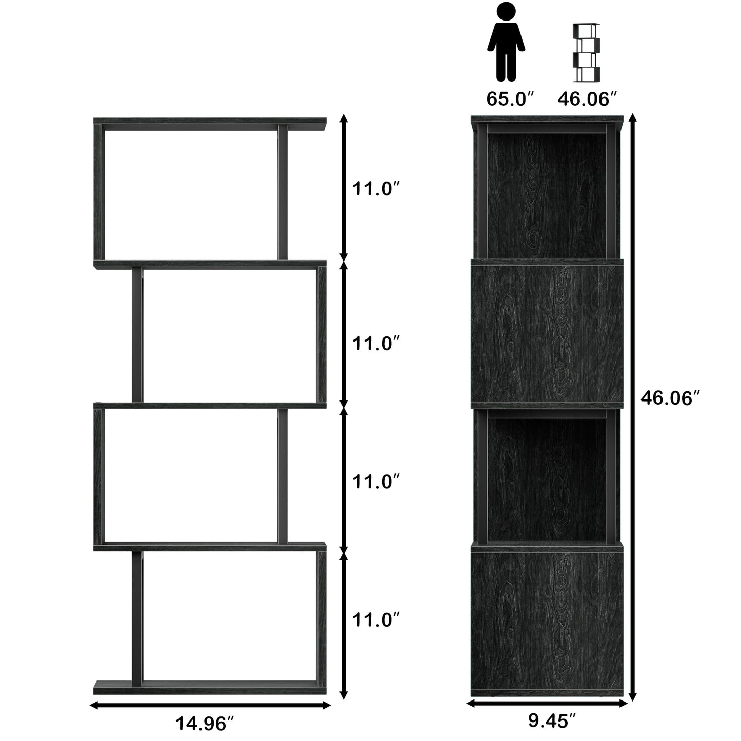 Satifur 4-Tier S-Shaped Geometric Bookcase, Industrial Freestanding Storage Shelving Unit