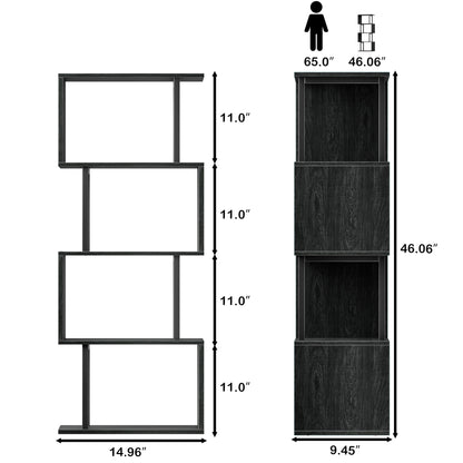 Satifur 4-Tier S-Shaped Geometric Bookcase, Industrial Freestanding Storage Shelving Unit