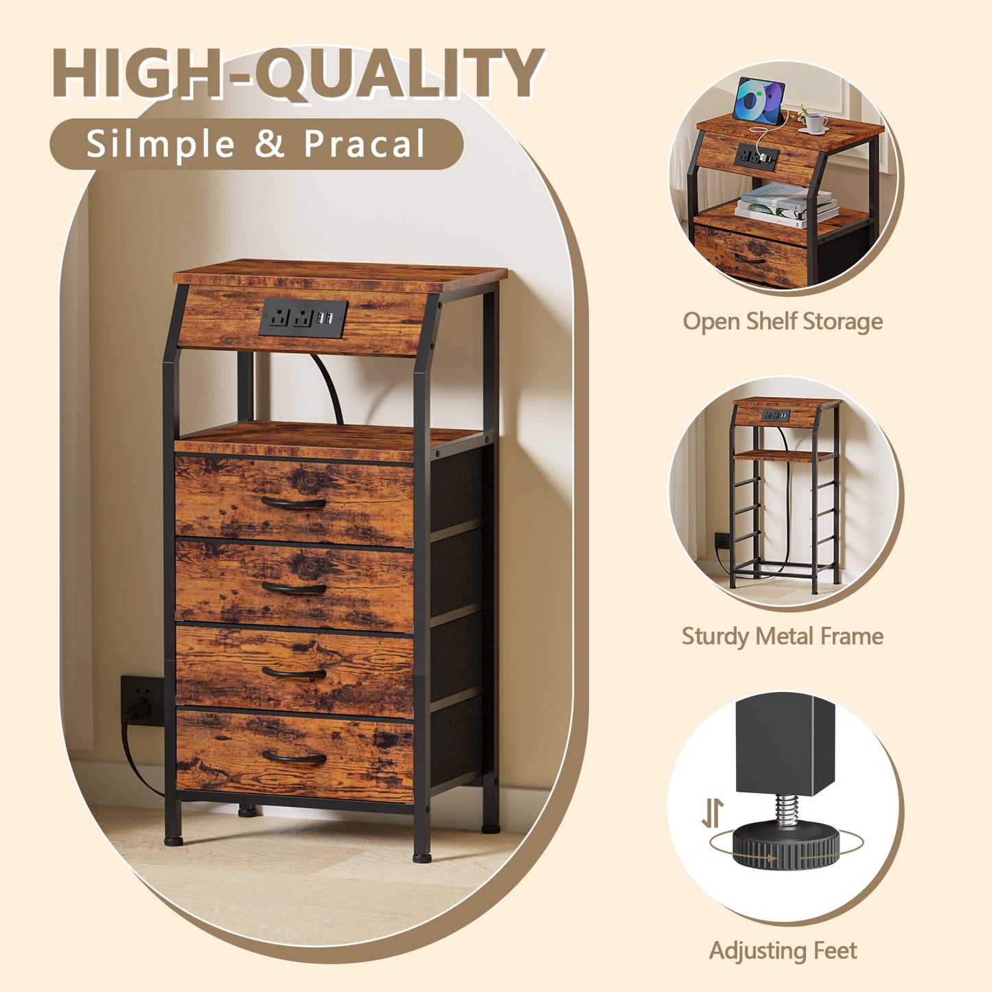 TYDIMOR Small Dresser for Bedroom, 4 Drawer with Charging Station, Brown, Ideal for Adults