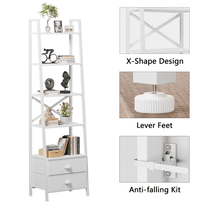 Tydimor 5-Tier 64"H Industrial Bookshelf with 2 Removable Drawers Narrow Bookcase for Living Room,White