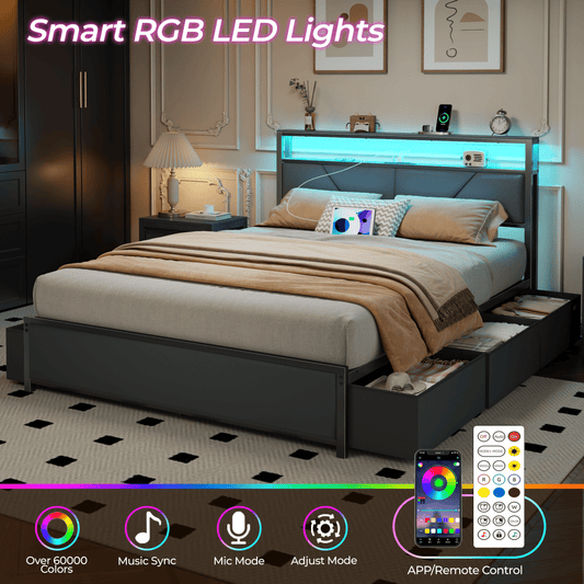 Tydimor Queen Bed Frame with 6 Storage Drawers, Metal Platform Bed Frame with 2-Tier Storage Upholstered Headboard & LED, Built in Charging Station, Noise-Free, No Box Spring Needed, Black