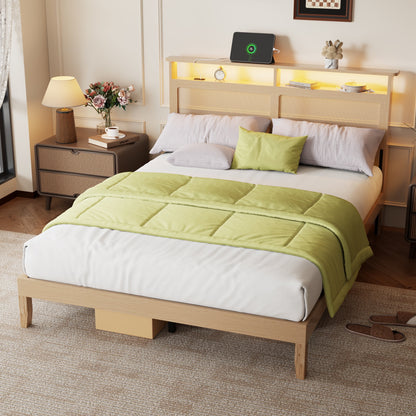 Tydimor Queen Bed Frame with Headboard & Bookcase Storage Shelf, Rattan Beds with Charging Station and LED Lights, No Box Spring Needed