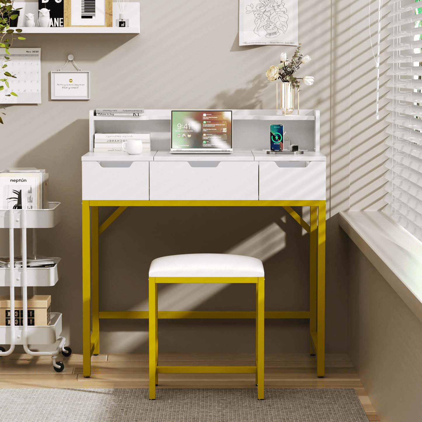 Hexmn Vanity Set with mirror and charging station, makeup dressing tables with drawers storage for gift