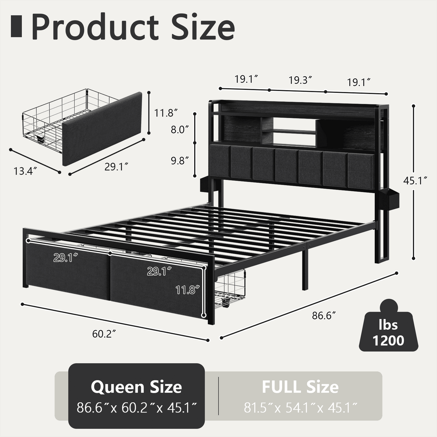 Satifur Queen Bed Frame with LED Headboard Storage Shelf & 2 Drawers, Metal Platform, Noise Free, Black