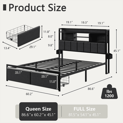 Satifur Queen Bed Frame with LED Headboard Storage Shelf & 2 Drawers, Metal Platform, Noise Free, Black