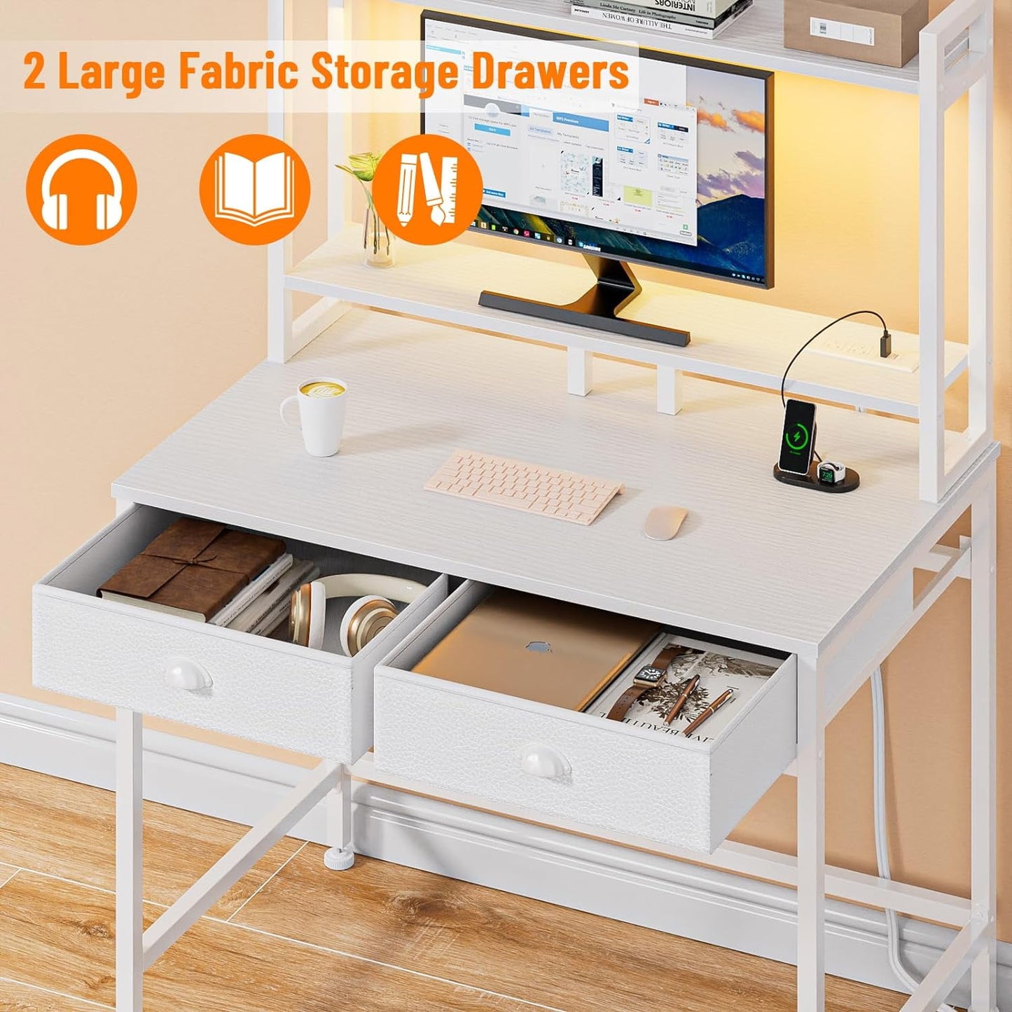 Satifur Small Computer Desk with Power Outlet & 2 Fabric Drawers, Gaming Desk with LED Light and Monitor Stand, Home Office Desk with Shelf and Hutch for Small Space, White-1