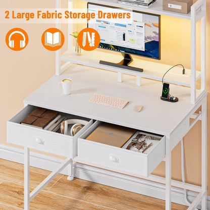 Satifur Small Computer Desk with Power Outlet & 2 Fabric Drawers, Gaming Desk with LED Light and Monitor Stand, Home Office Desk with Shelf and Hutch for Small Space, White-1