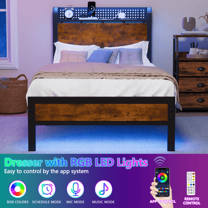 Tydimor Full RGB LED Strip Platforrm Bed Frames with Headboard Metal, Storage Shelves & Underbed, Niose Free, No Box Spring Needed