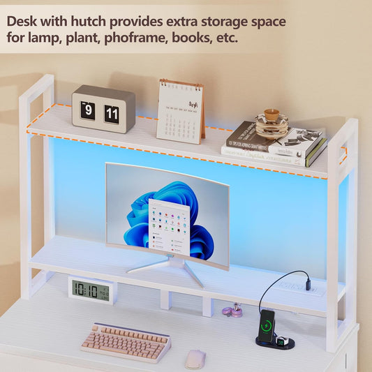Furologee Small White Computer Desk with Power Outlet and 2 Fabric Drawers, Gaming Desk with LED Light, Home Office Desk with Monitor Stand and Hutch, Study Table with Shelf
