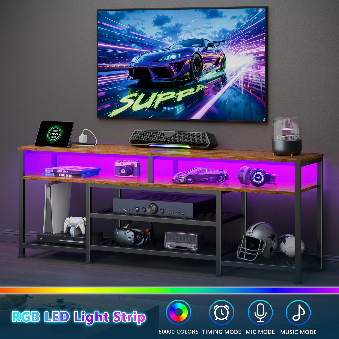 Tydimor Modern TV Stand for TVs up to 60", Media Console with Storage for Living Room, LED Entertainment Center with Outlets, Rustic Brown