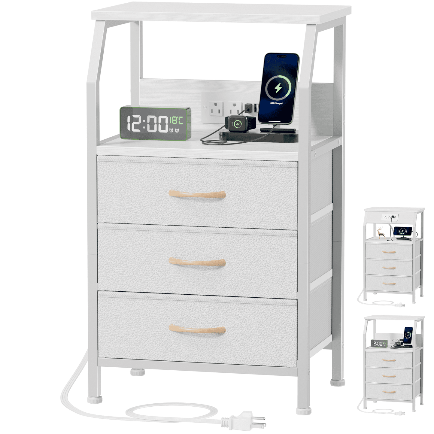 TYDIMOR Nightstand Bedside Table with Charging Station, 3 Drawer Dresser for Bedroom Furniture, White, Modern Style, Adults