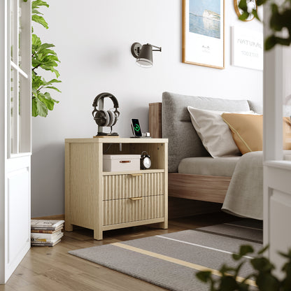 Satifur Modern Fluted Nightstand with Charging Station & 2 Storage Drawer for Bedroom,Light Oak Grain
