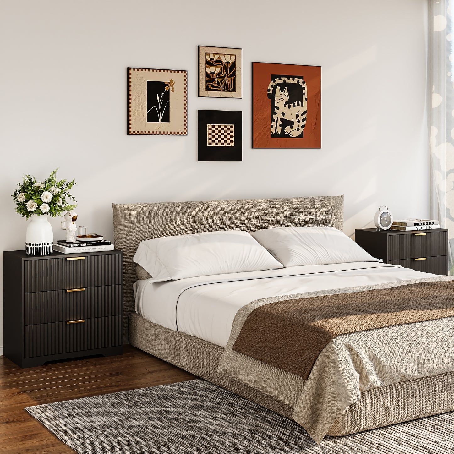 Tydimor Modern Nightstand with 3 Wooden Drawers, Bedside Table for Living Room, Black,Set of two