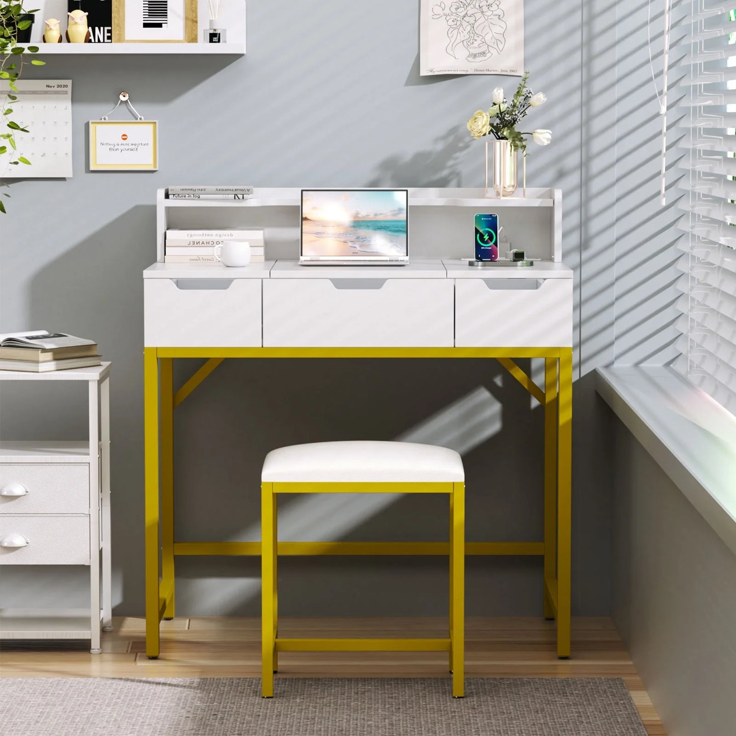 Tydimor Flip-top Vanity Set, Women Dressing Table with Outlets, Makeup Vanity Desk with Mirror, Drawers & Stool