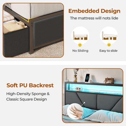 Tydimor Queen Bed Frame with 6 Storage Drawers, Metal Platform Bed Frame with 2-Tier Storage Upholstered Headboard & LED, Built in Charging Station, Noise-Free, No Box Spring Needed, Black