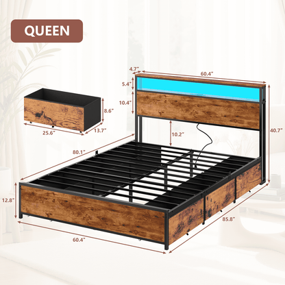 Tydimor Queen Bed Frame with 6 Storage Drawers, Metal Platform Bed Frame with 2-Tier Storage Headboard & LED, Built in Charging Station, Noise-Free, No Box Spring Needed, Rustic Brown