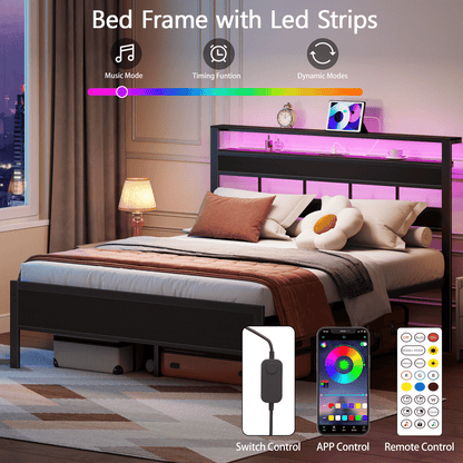 Tydimor LED Lighting Bed Frames Queen with Headboard Storage Shelves, USB Ports Queen Size Platform Bed Frame Steel Slats Support