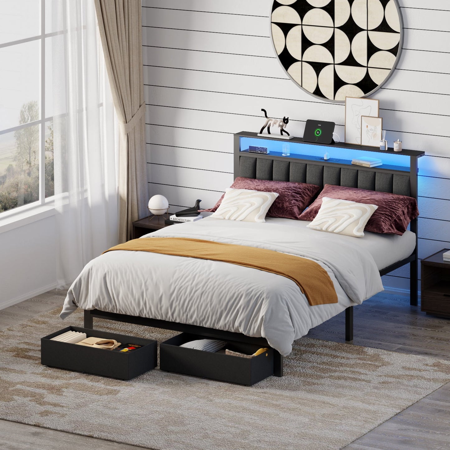 Hexmn Queen Bed Frame with Upholstered Storage Headboard & 2 Drawers, Platform Metal Bed with 2 USB Ports and Outlets, Under-bed Storage and Noise Free Design
