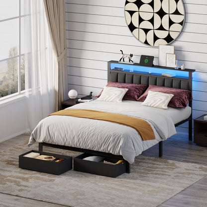 Hexmn Queen Bed Frame with Upholstered Storage Headboard & 2 Drawers, Platform Metal Bed with 2 USB Ports and Outlets, Under-bed Storage and Noise Free Design