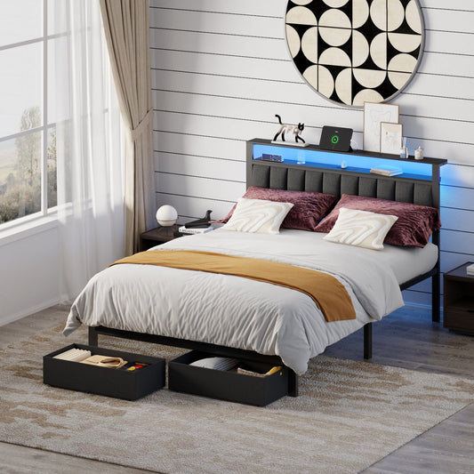 Hexmn Queen Bed Frame with Upholstered Storage Headboard & 2 Drawers, Platform Metal Bed with 2 USB Ports and Outlets, Under-bed Storage and Noise Free Design