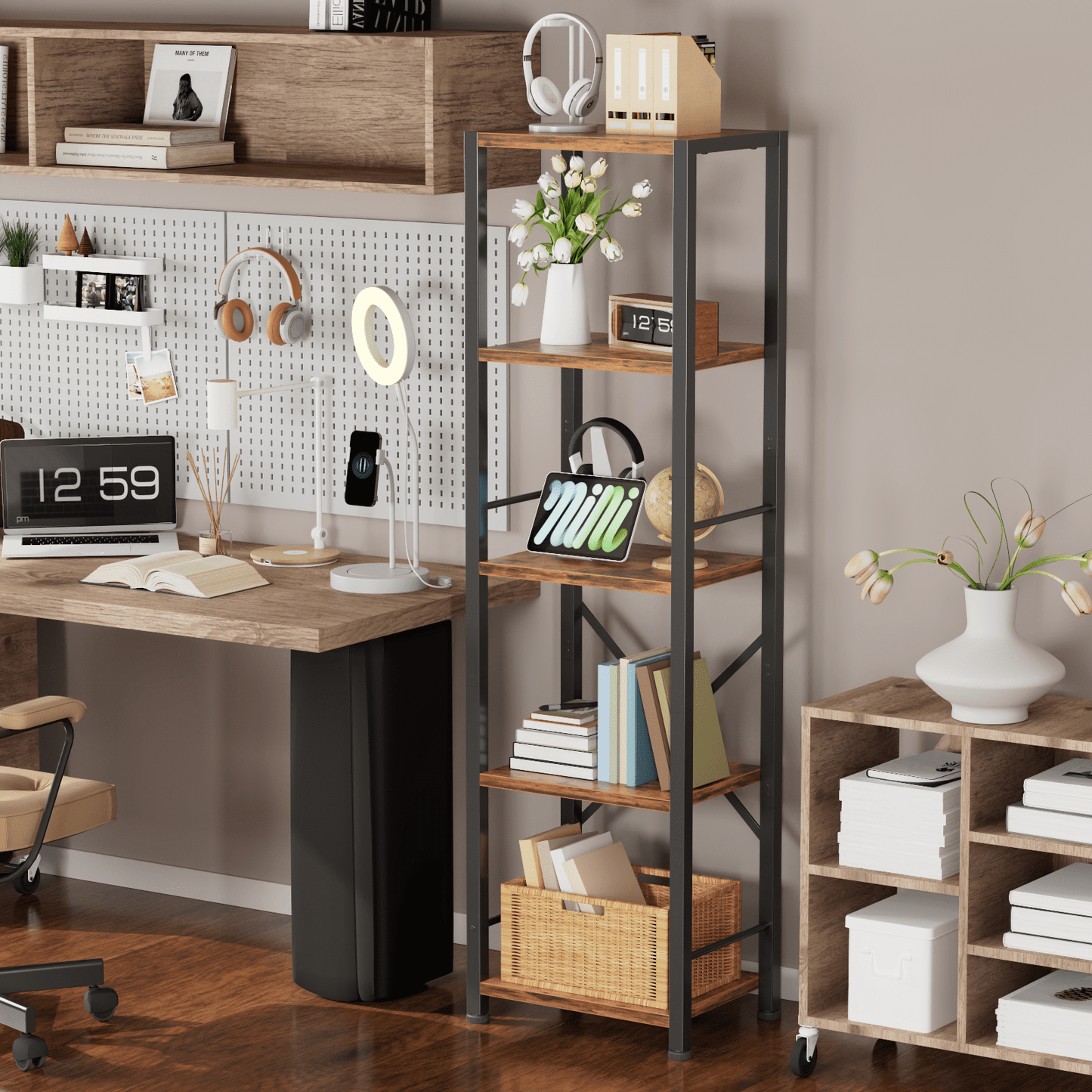 Satifur Bookshelf Bookcase Organizer with 5 Shelves for Living Room Bedroom Kitchen Garage,Rustic Brown