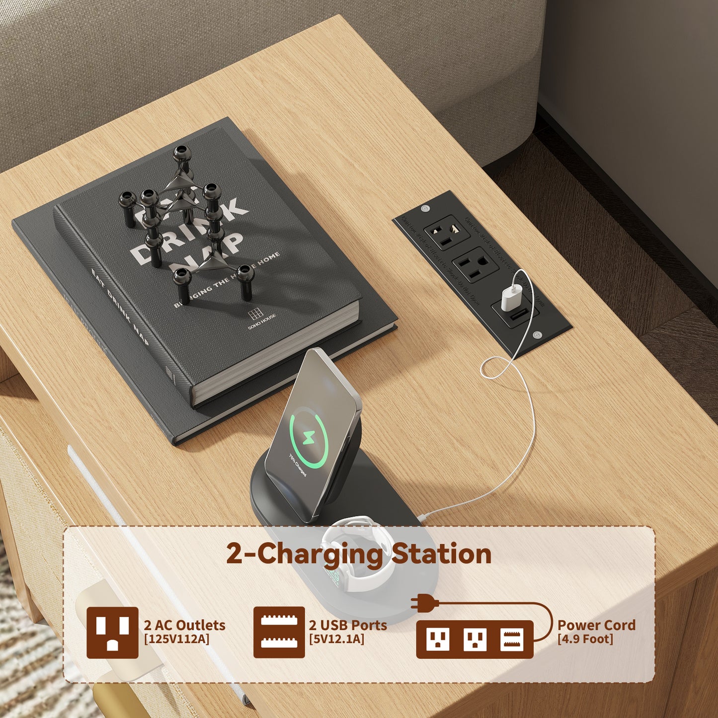 Satifur Nightstand Set of 2 with Rattan Style Finish & Charging Station, 2-Drawer Bedside Table with Open Shelf, for Bedroom Living Room, Natural Oak