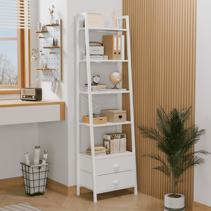 Tydimor 5-Tier 64"H Industrial Bookshelf with 2 Removable Drawers Narrow Bookcase for Living Room,White