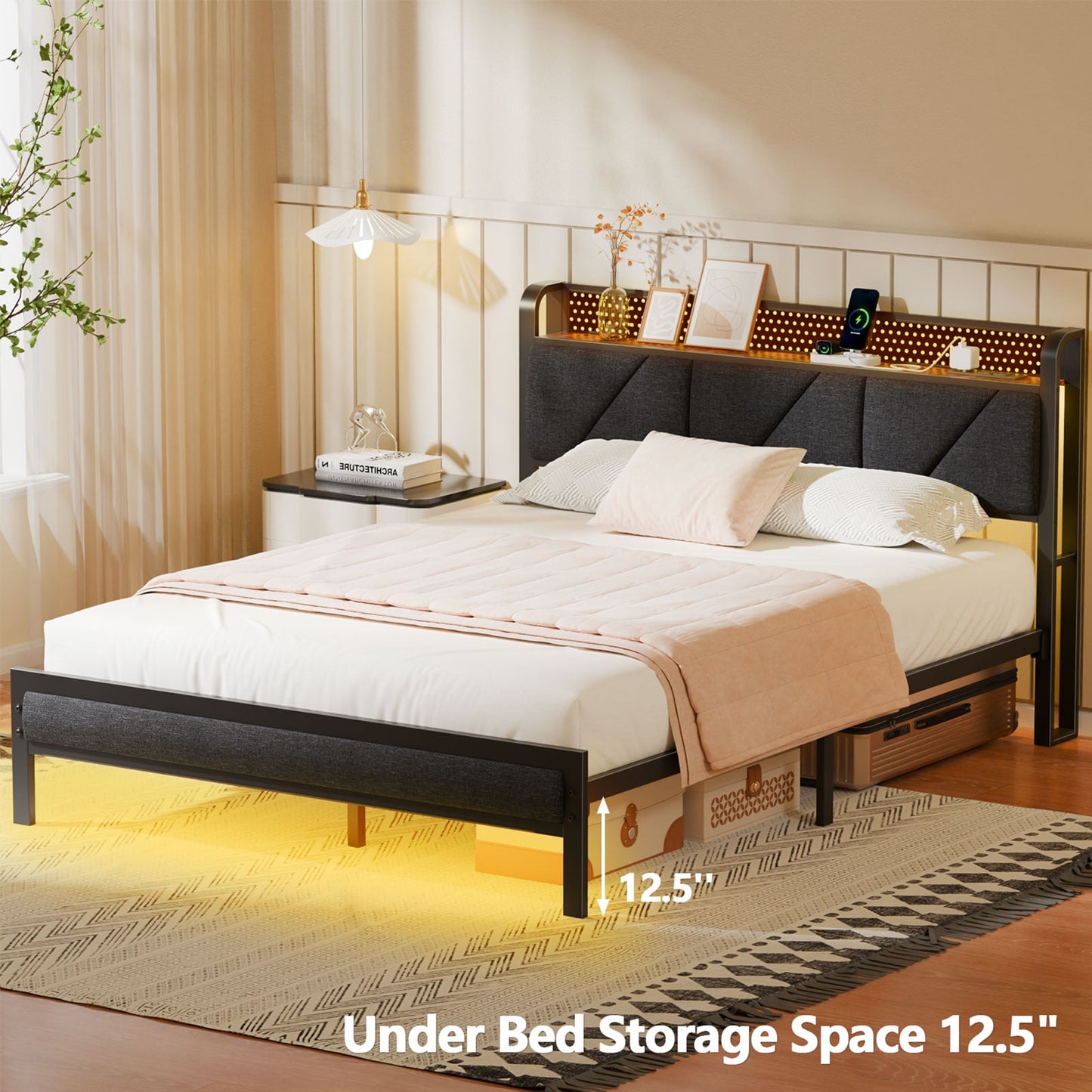 Satifur Queen Bed Frame with Upholstered Storage Headboard, Metal Platform Bed Station with Charging Station & LED, Noise-Free.No Box Spring Needed