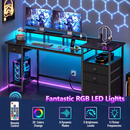 Satifur 51 Inch Black Computer Desk with Ergonomic Monitor Platform, Home Office Gaming Desk with CPU Grid Storage Rack, RGB LED Lights & Power Outlet
