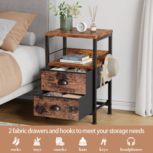 Satifur Nightstand with 2 Fabric Drawers & Shelf, Bedside End Table for Bedroom, Rustic Brown