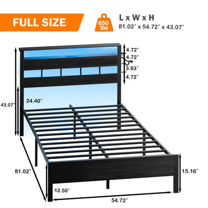Satifur Full Size Bed Frame with Upholstered Storage Headboard and LED Light, Platform Bed with Metal Slats, Noise Free Design