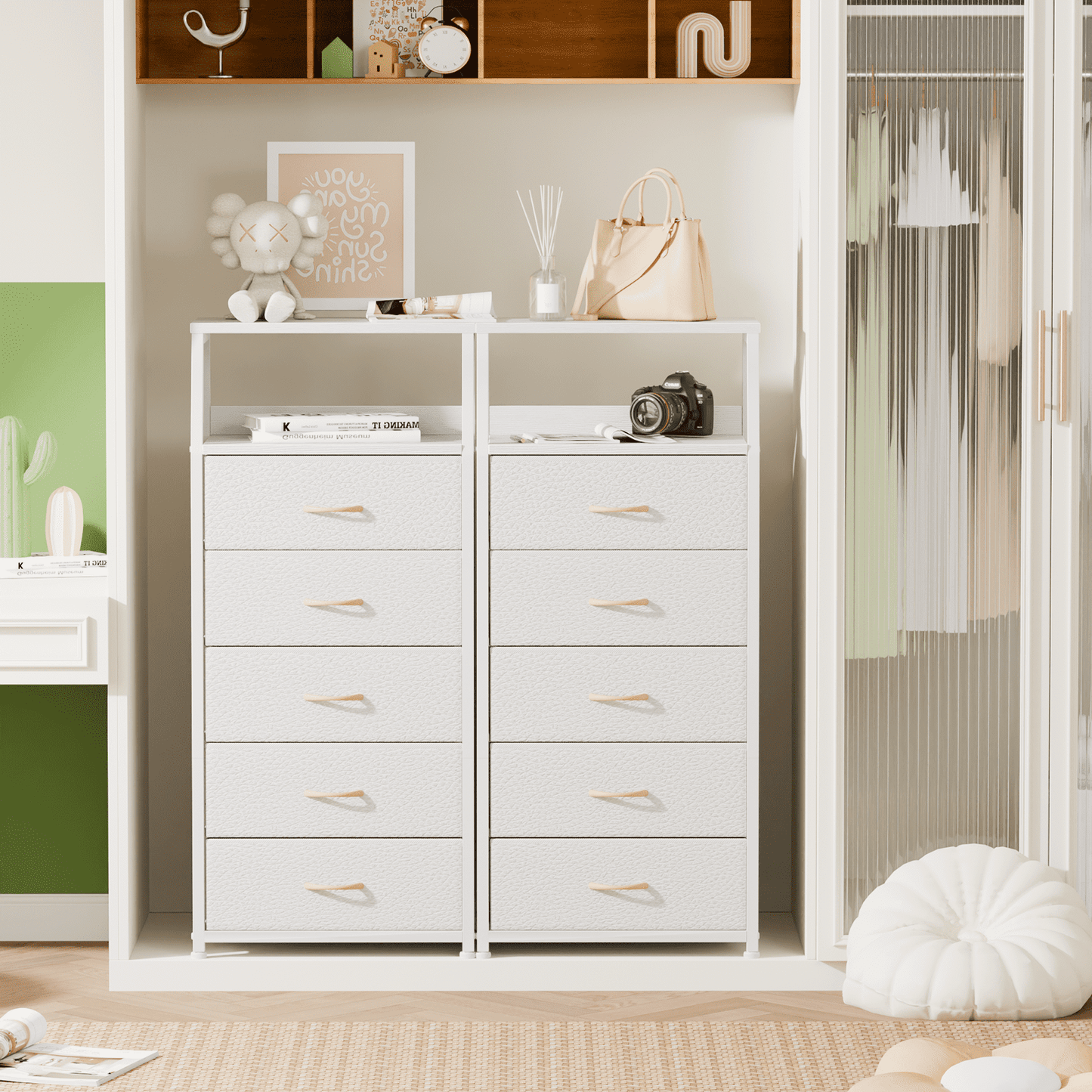 Satifur 5-Drawer Nightstand,Tall Fabric Dresser Storage End Table,for All Age,Metal Frame,White