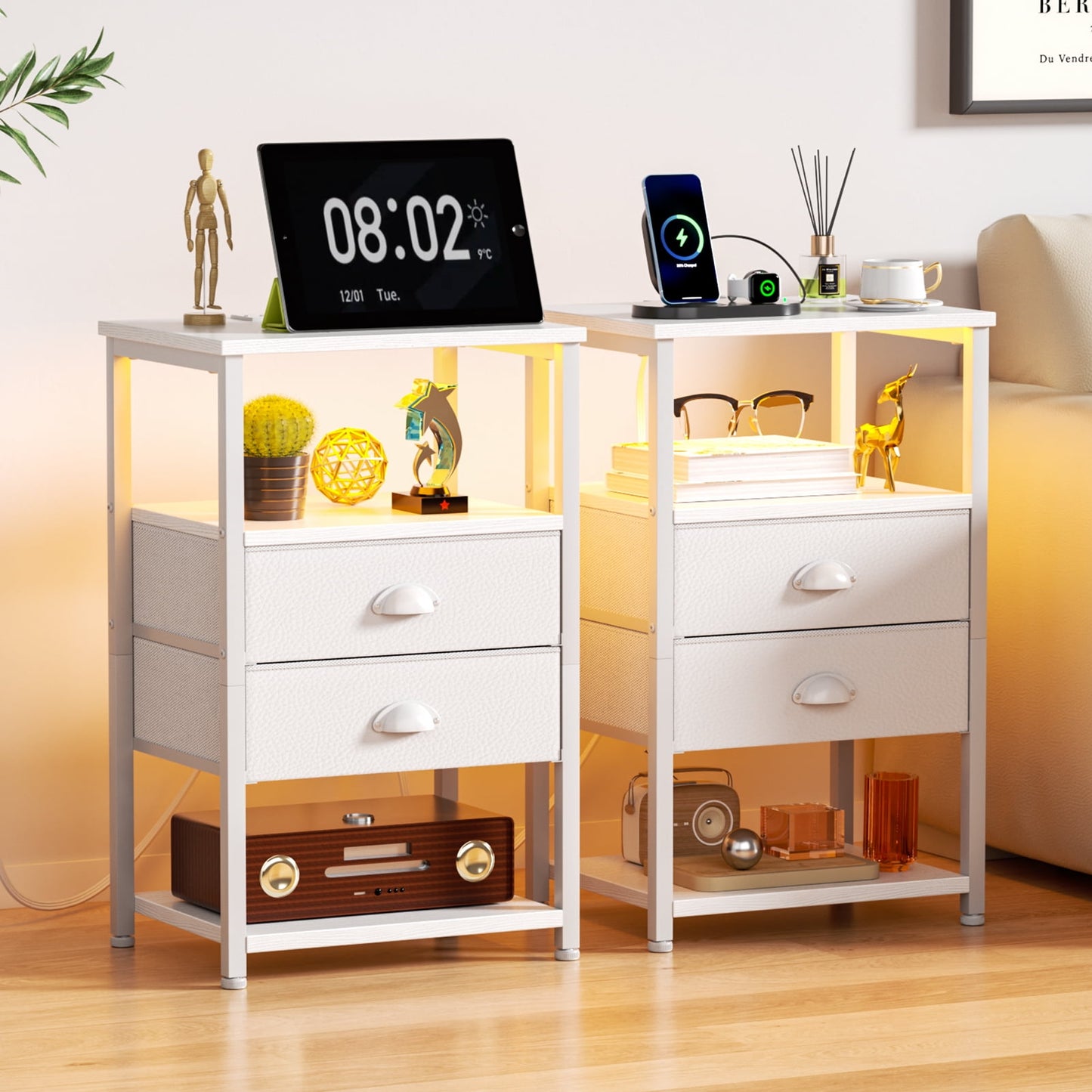 Satifur Side Table with Light, Charging Station, White Nighstand for Bedroom, Living Room