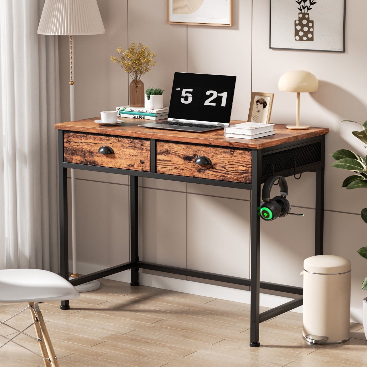 Hexmn Gaming Desk with Fabric Drawers & Hooks for Bedroom Home Office,Rustic Brown